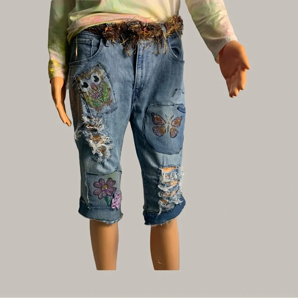 Homemade Patched Up Upcycled Blue Denim Cutoff Shorts - Picture 4 of 13